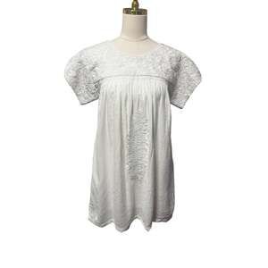 J. Marie White Embroidered Babydoll Mini Dress Tonal Floral Yoke Size Medium